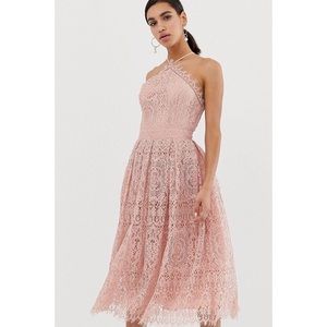ASOS DESIGN Lace Midi Dress with Pinny Bodice